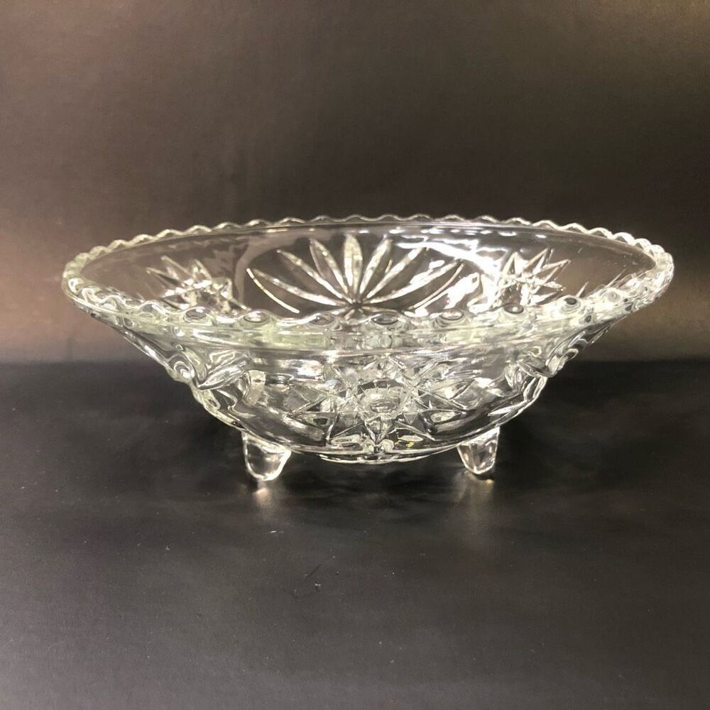 Anchor Hocking pressed glass clear trifooted candy bowl dish Star of David 6.75"